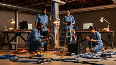 collaborative engineering: a team of professionals engaged in electrical wiring and equipment setup in a modern work space, showcasing teamwork and technical skills