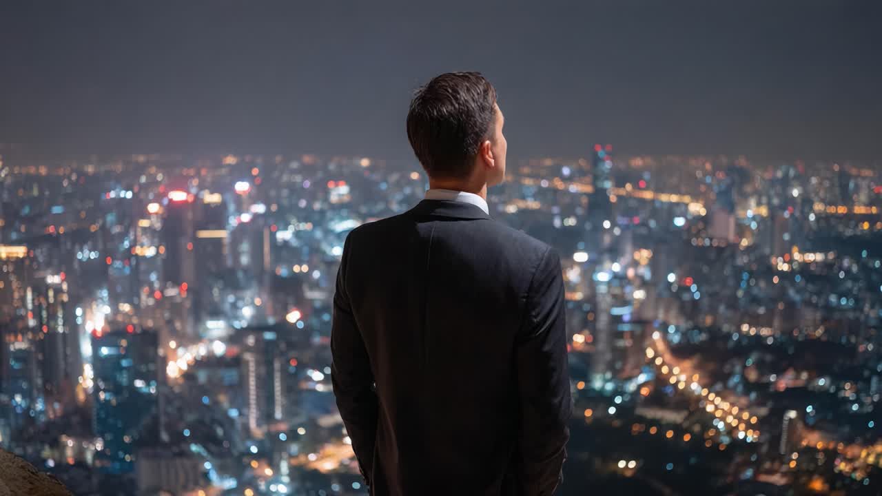 A Businessman Stands at a Scenic Overlook, Gazing into a Dazzling Cityscape Illuminated by Night Lights, Reflecting Ambition and Vision in the Urban Landscape