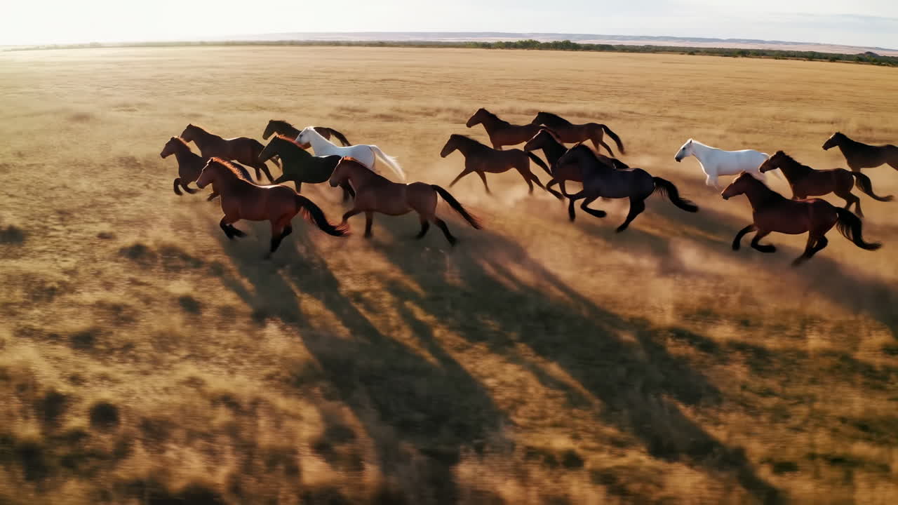 Luftfoto af flok, der løber over gylden græsmark ved solnedgang, filmisk droneoptagelse af tordnende galop, støv