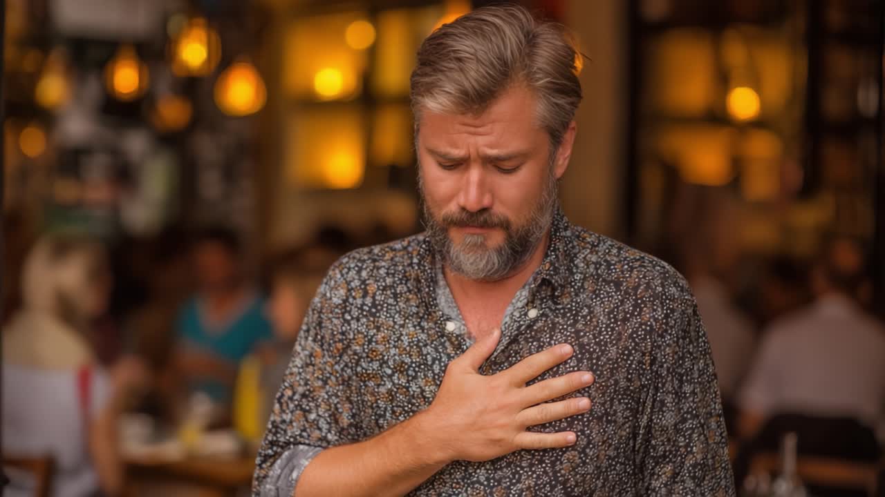 A Man Emotionally Expresses Heartfelt Feelings in a Social Setting, Displaying Deep Reflection and Introspection Amidst a Vibrant Cafe Atmosphere