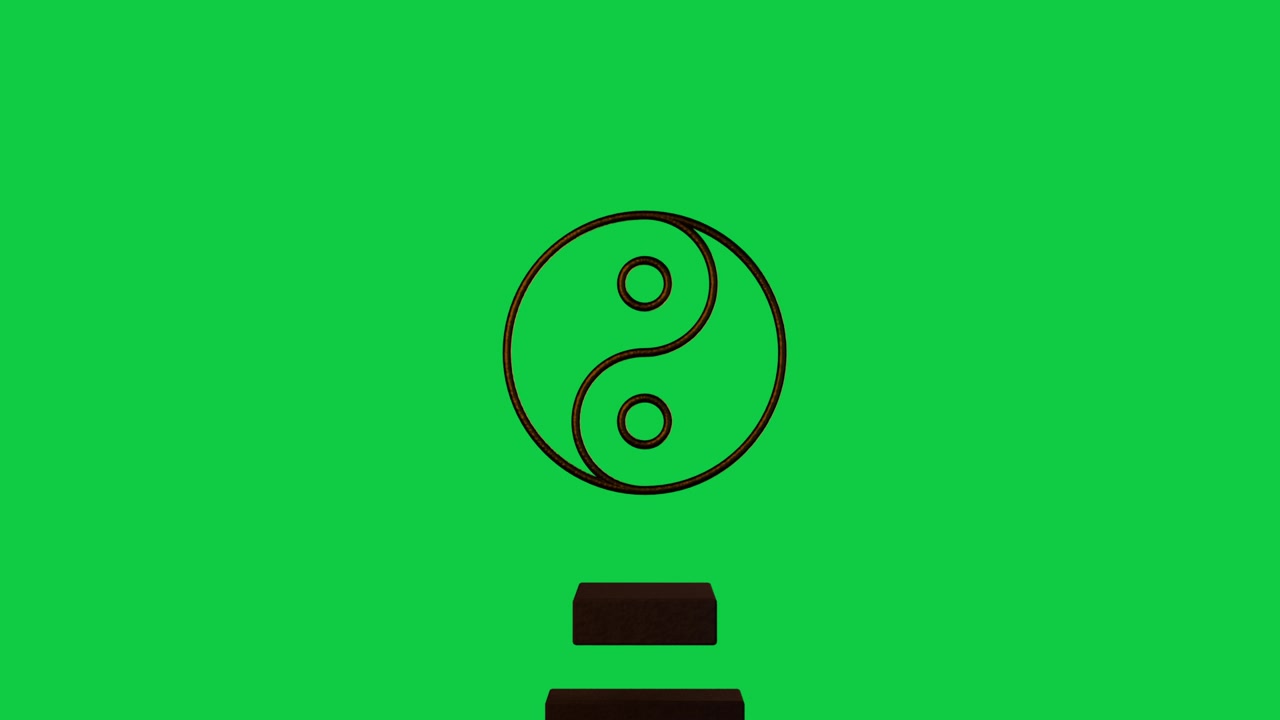 Luz de contorno quente subindo, ícone de yin-yang brilhando e elevando-se sobre três barras, revelando o logotipo em fundo transparente.