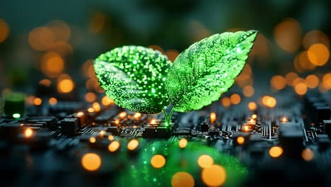 lights on a green circuit board. lush green leaves rest on a circuit board with glowing lights, symbolizing the fusion of nature and technology.