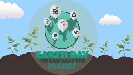 Animation-of-earth-day-text-and-green-globe-logo-over-plants-and-blue-sky-background