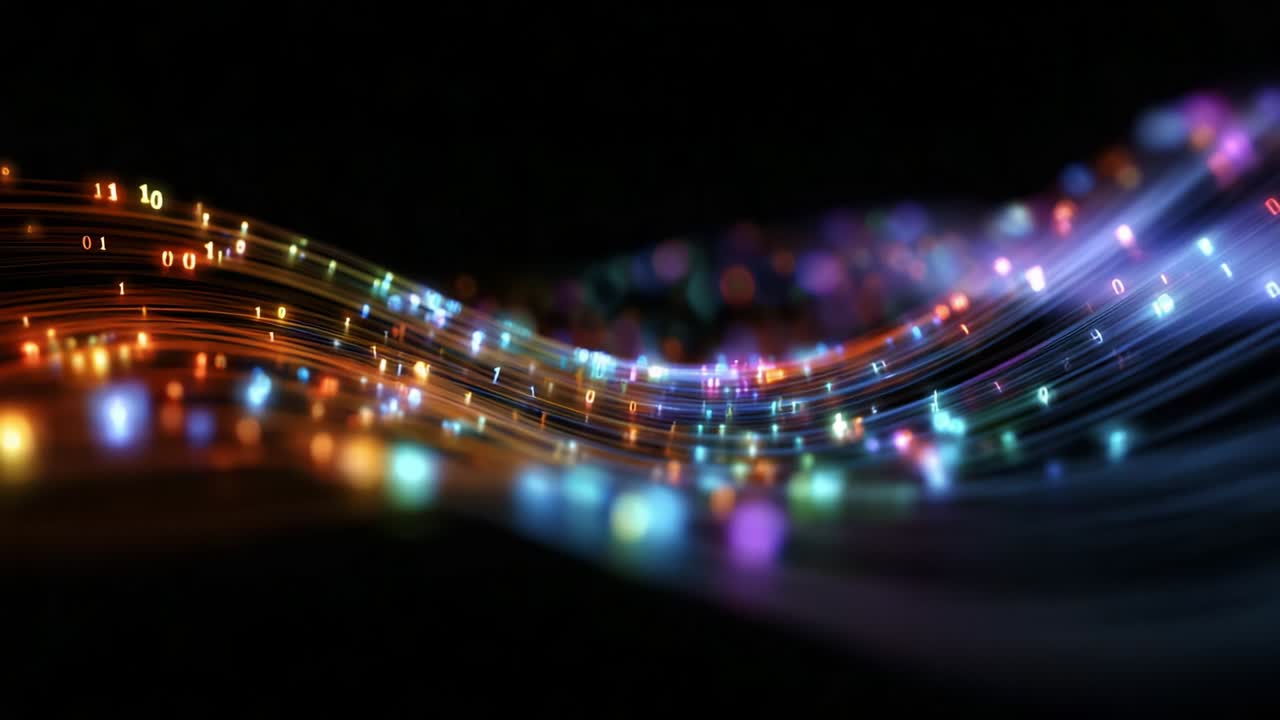 A mesmerizing visualization of dynamic light waves intertwined with flowing binary numbers, creating a vibrant digital landscape that embodies the essence of modern technology and innovation