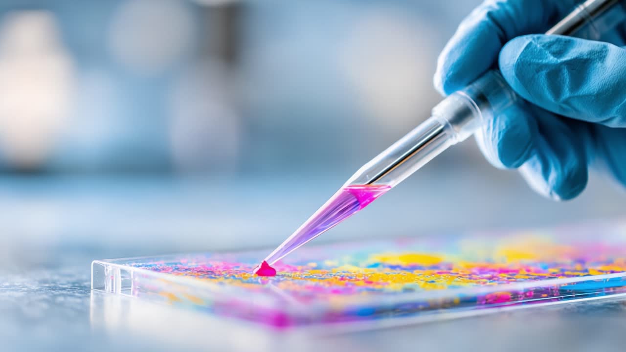 A researcher skillfully using a pipette to dispense vibrant colors onto a slide, showcasing a detailed process in experimental science with colorful liquid samples