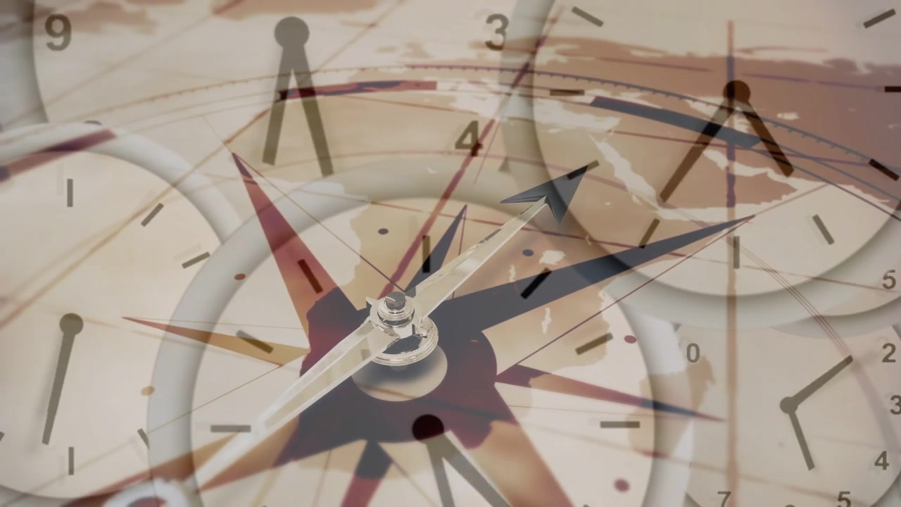 On play central pivot rotating clockwise while clocks crossfading, map revealing time direction