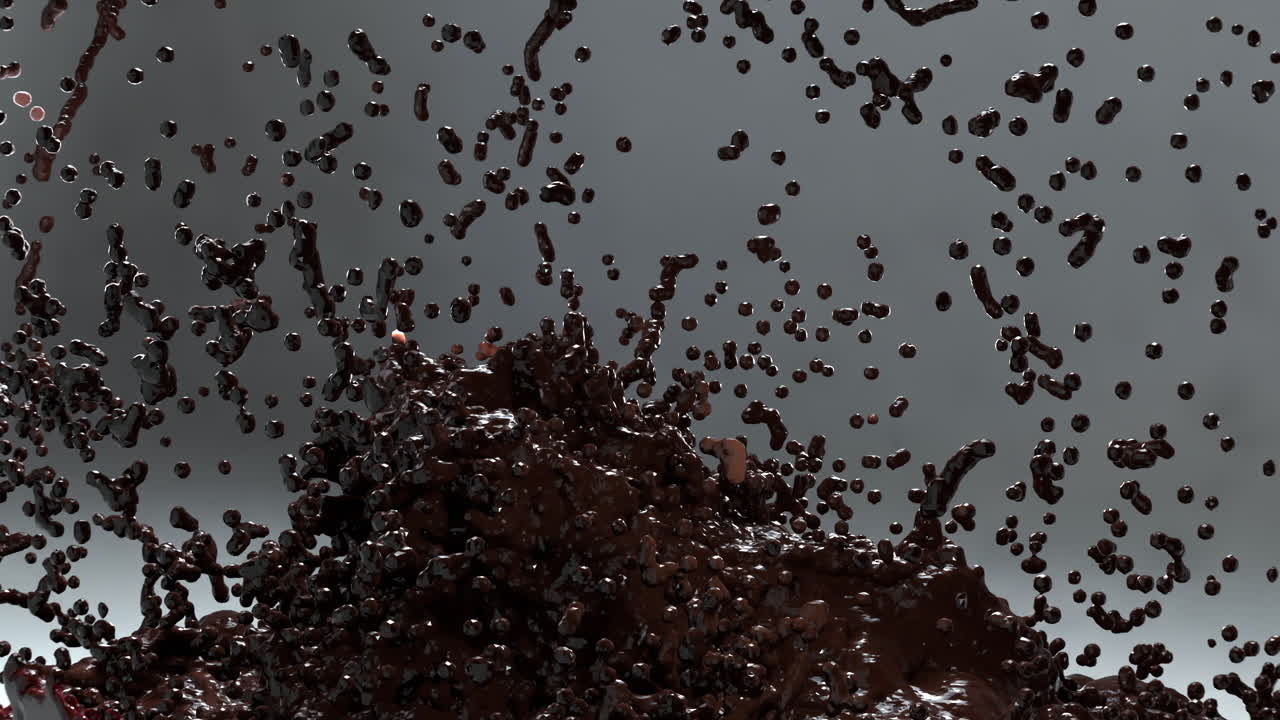 A simulation of a burst of chocolate flowing and splashing on green screen and white background with ripples, reflections and turbulent movement.