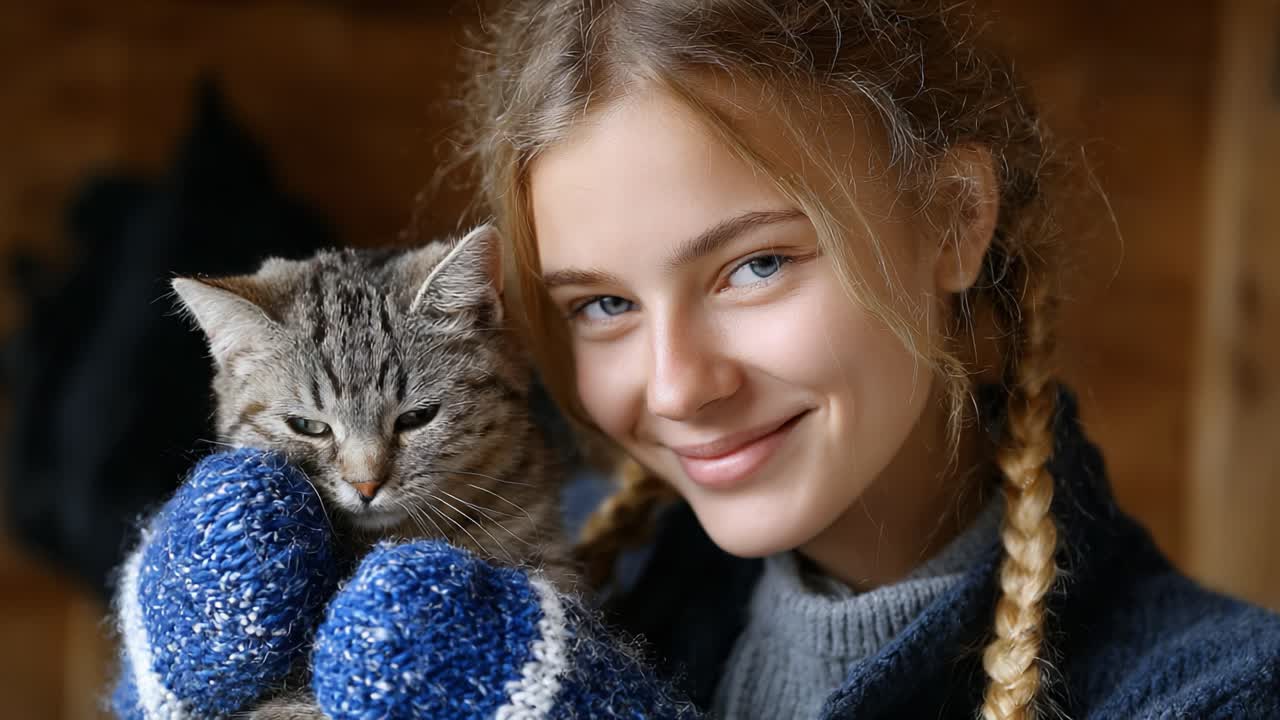 A Heartwarming Moment: A Young Girl Smiling While Cuddling a Content Cat in a Cozy Setting, Radiating Joy and Affection Through Their Bond
