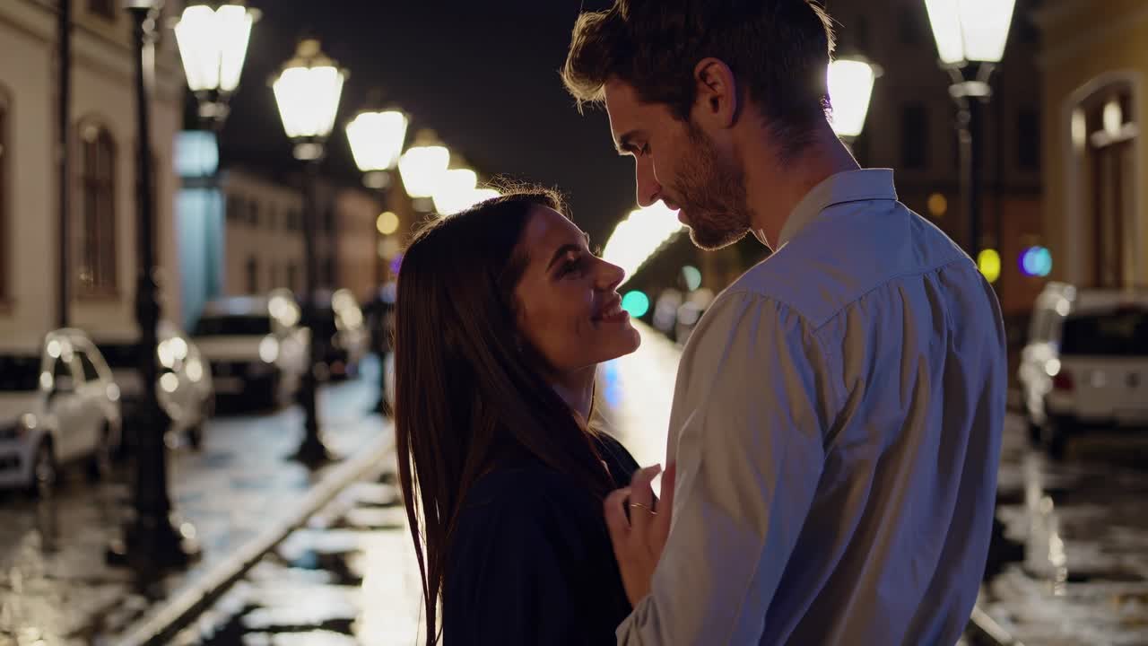 Casal romântico se abraçando em uma rua da cidade à noite