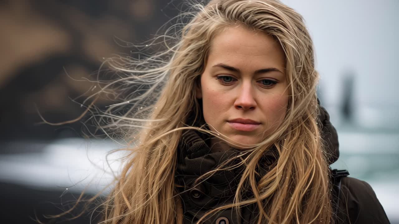 Close up footage of a pensive young woman with long blonde hair blowing in the wind, wearing a dark jacket on a cold, overcast beach with waves and cliffs softly blurred in the background