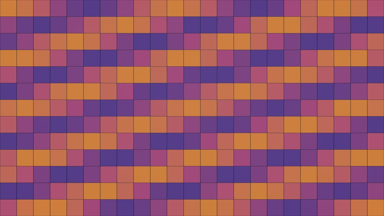 Sfondo a mosaico vibrante e ripetibile che presenta una griglia di quadrati viola e arancioni che si muovono con un movimento ritmico continuo