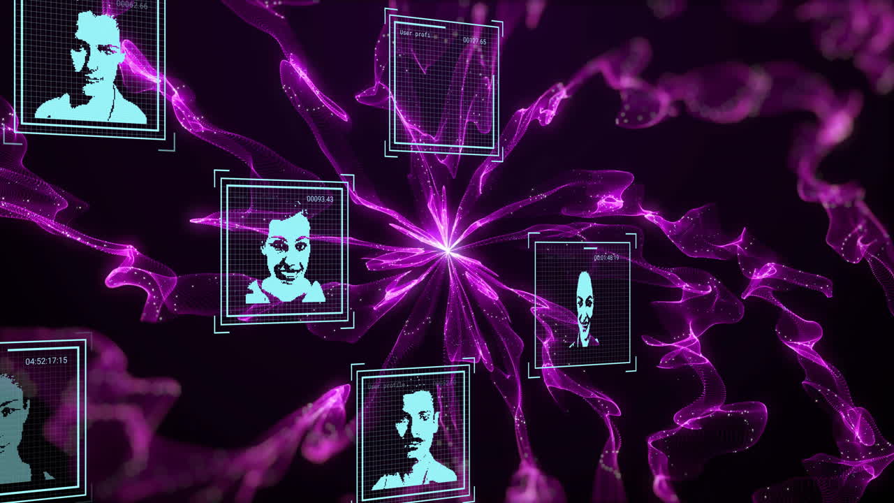 Animation of data processing with people icons and purple shapes on black background