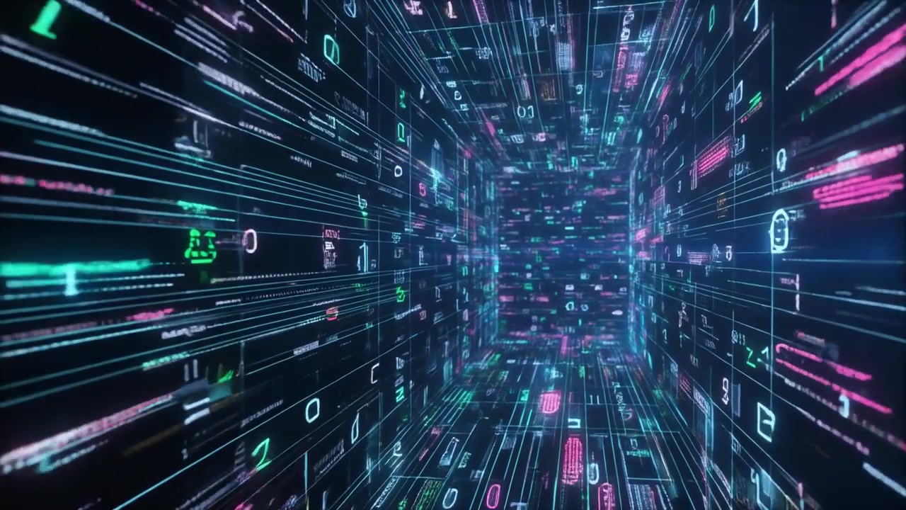 Digital Data Tunnel with Glowing Binary Code and Abstract Information
