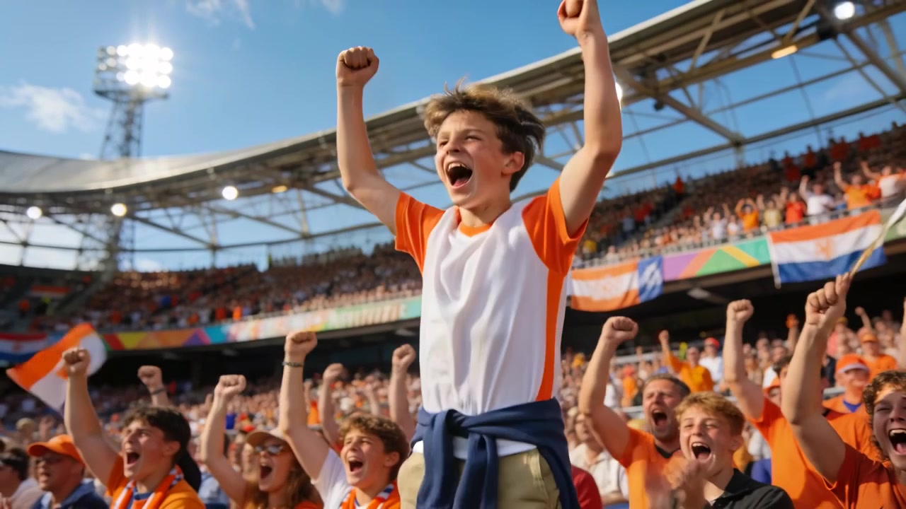 Jublende teenage dreng i hvid T-shirt med orange ærmer leder publikum på stadion efter et mål, viftende med flag.