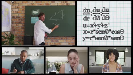 Screens-with-online-call-of-diverse-male-teacher,-students-and-mathematical-formulae