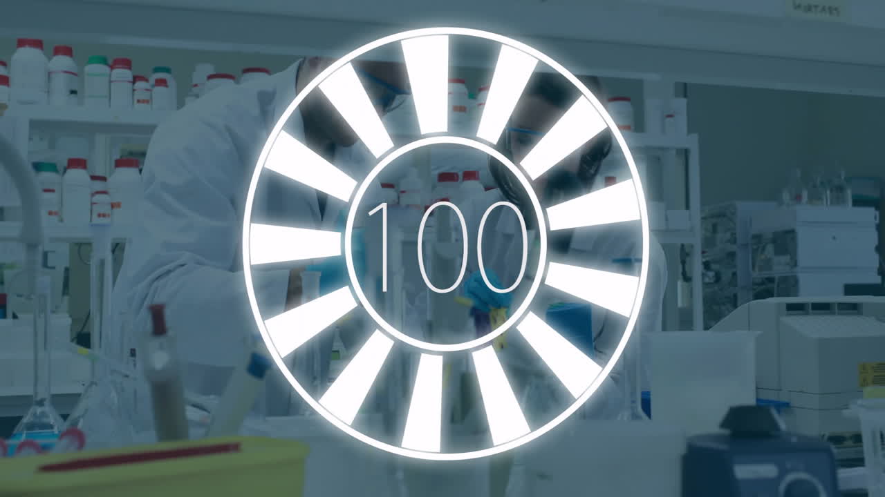 two scientists conducting science experiment in lab with pipettes, showing animated loading graphic