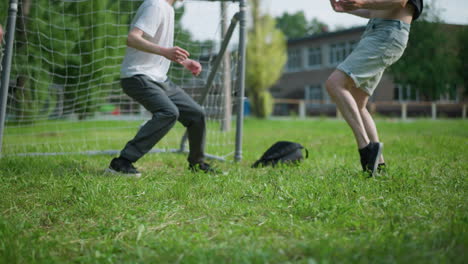 a close-up of a young boy in a red shirt passing the ball to a teammate who scores a goal as the goalkeeper dives and misses, falling to the ground with laughter