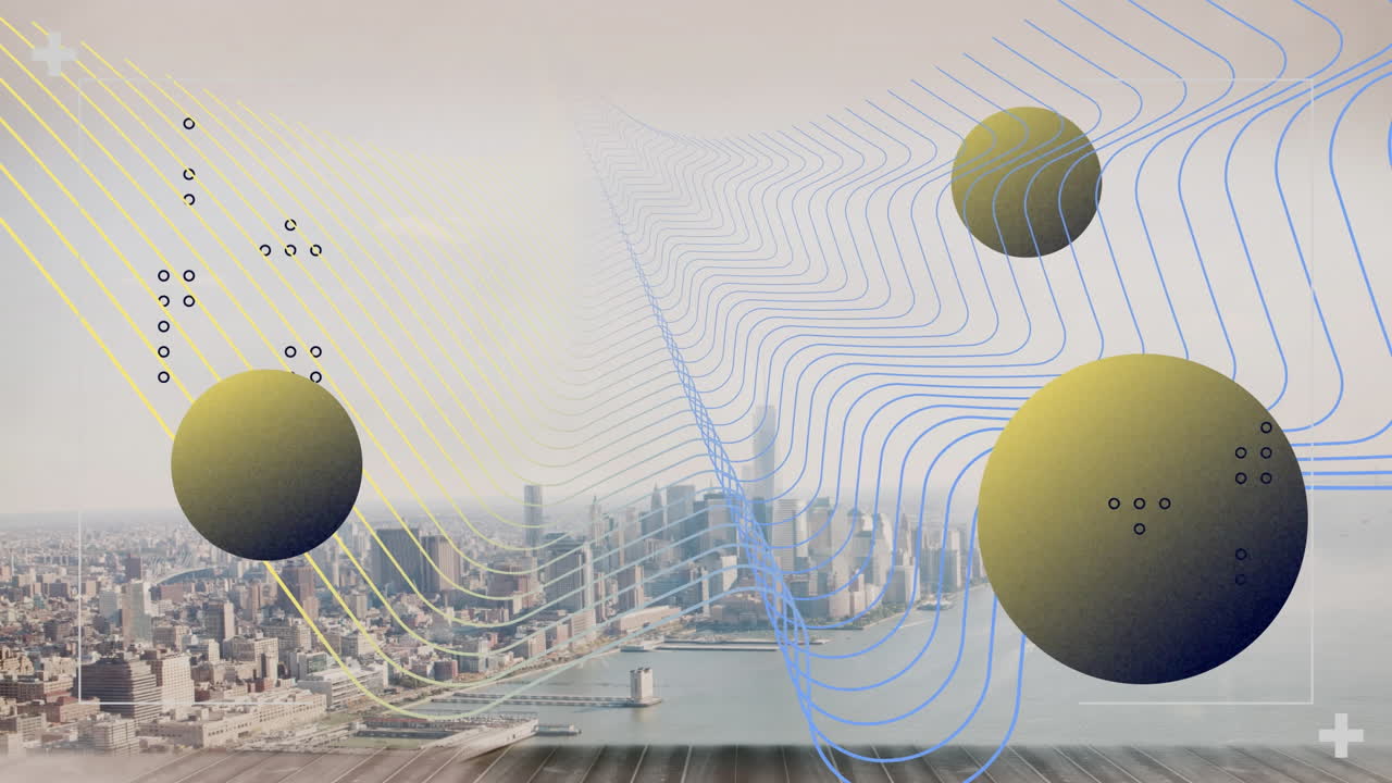 도시 풍경 위에서 움직이는 모양의 애니메이션