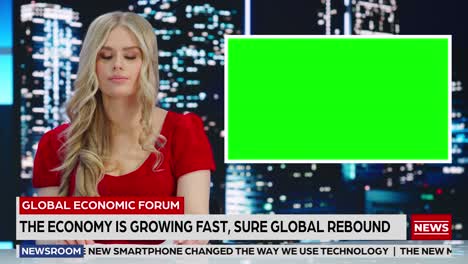 newsroom tv studio live news program: female presenter reporting, green screen chroma key screen picture. television cable channel anchor talks. network broadcast mockup playback of late night tv show