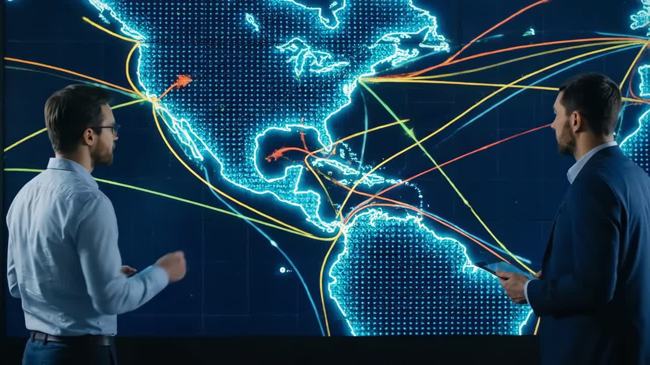 Dos empresarios analizando datos del comercio marítimo mundial en un mapa digital del mundo
