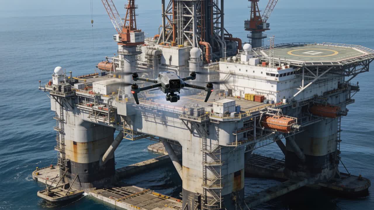 Approaching quadcopter drone following pilot command, inspecting offshore platform camera gimbal