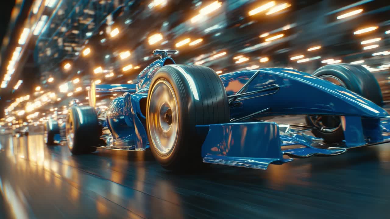 A High-Speed Perspective of a Streamlined Racing Car in Motion, Capturing the Thrill and Passion of Motorsport at Night with Bright Lights Blurring by
