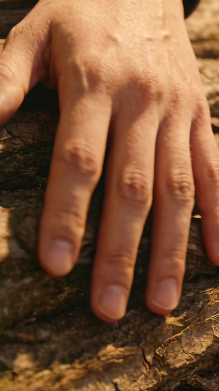 Vertical video: Reaching right hand pressing and sliding on rough trunk, feeling bark, dark sleeve