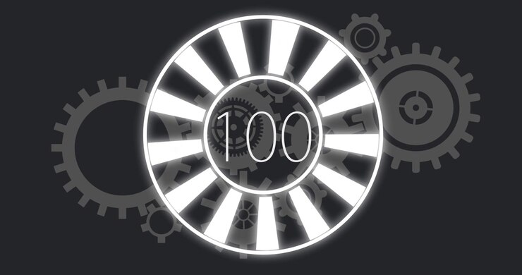 Dark screen with gear silhouettes starting ring filling segments from 33 to 100 showing completion
