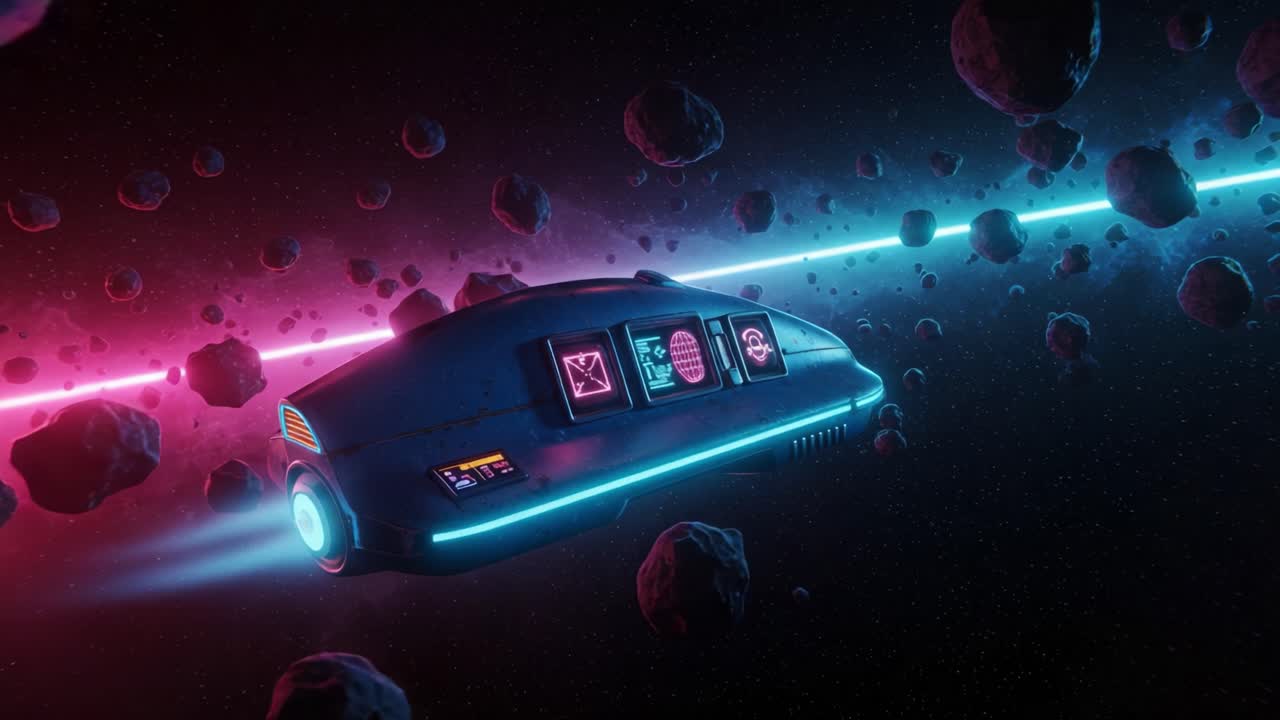A Futuristic Spaceship Navigating Through a Vibrant Asteroid Belt with Neon Trails in Deep Space