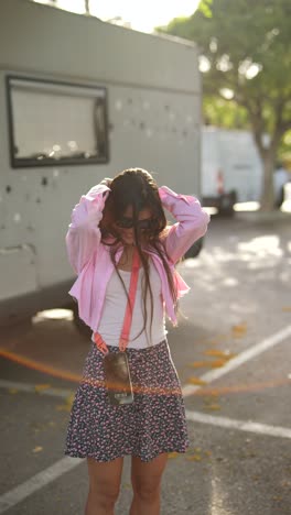 woman in pink shirt and floral skirt by camper van