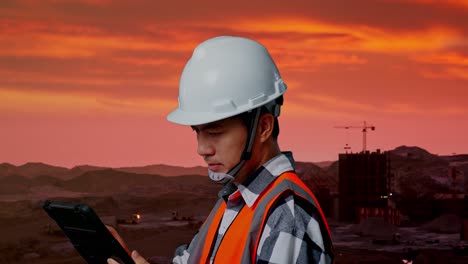vista lateral de cerca de un ingeniero masculino asiático con casco de seguridad trabajando en una tableta mientras está de pie en un sitio de construcción, maquinaria de minería