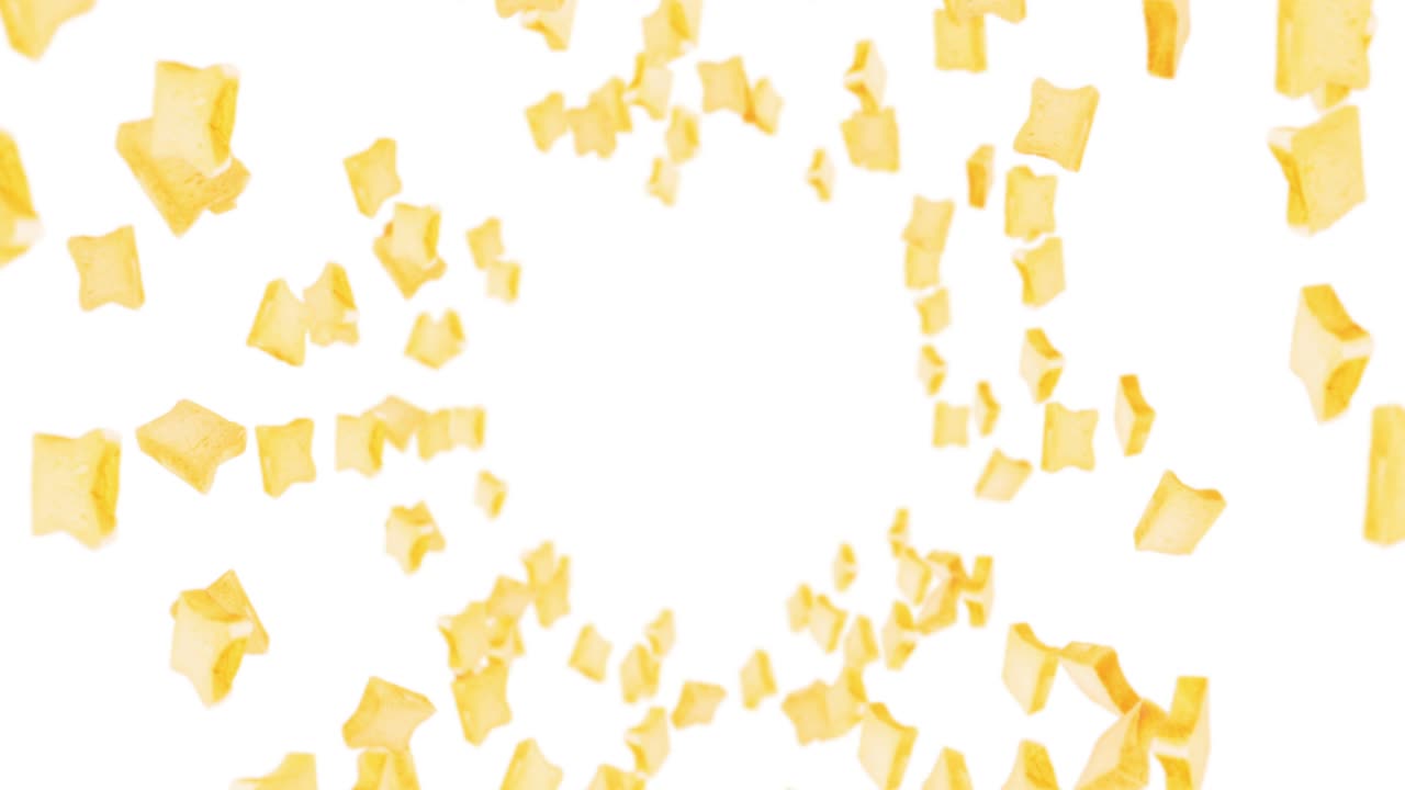 색 배경에 많은 평평한  조각을 날아. 식품, 음식 및 먹는 개념. 밀  조편의 3d 애니메이션 회전. 루프 애니메이션.