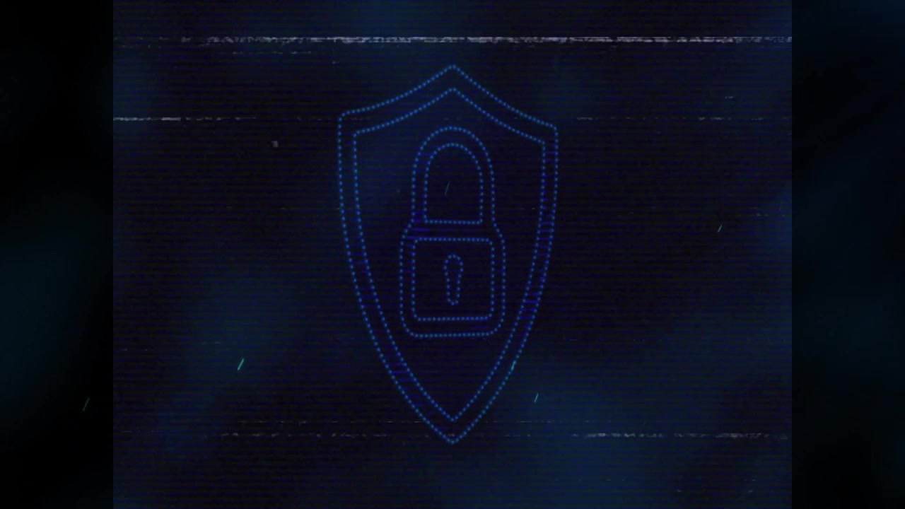 Flickering glitch shield outline forming, padlock assembling, stabilizing and symbolizing security