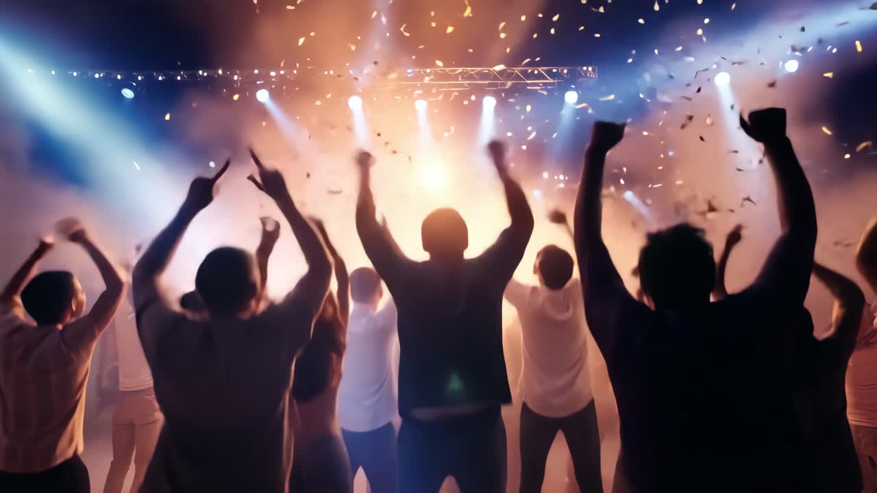 Scena video di concerto ad alta energia, vibrante, ripresa dal basso, che cattura una folla con le mani alzate.