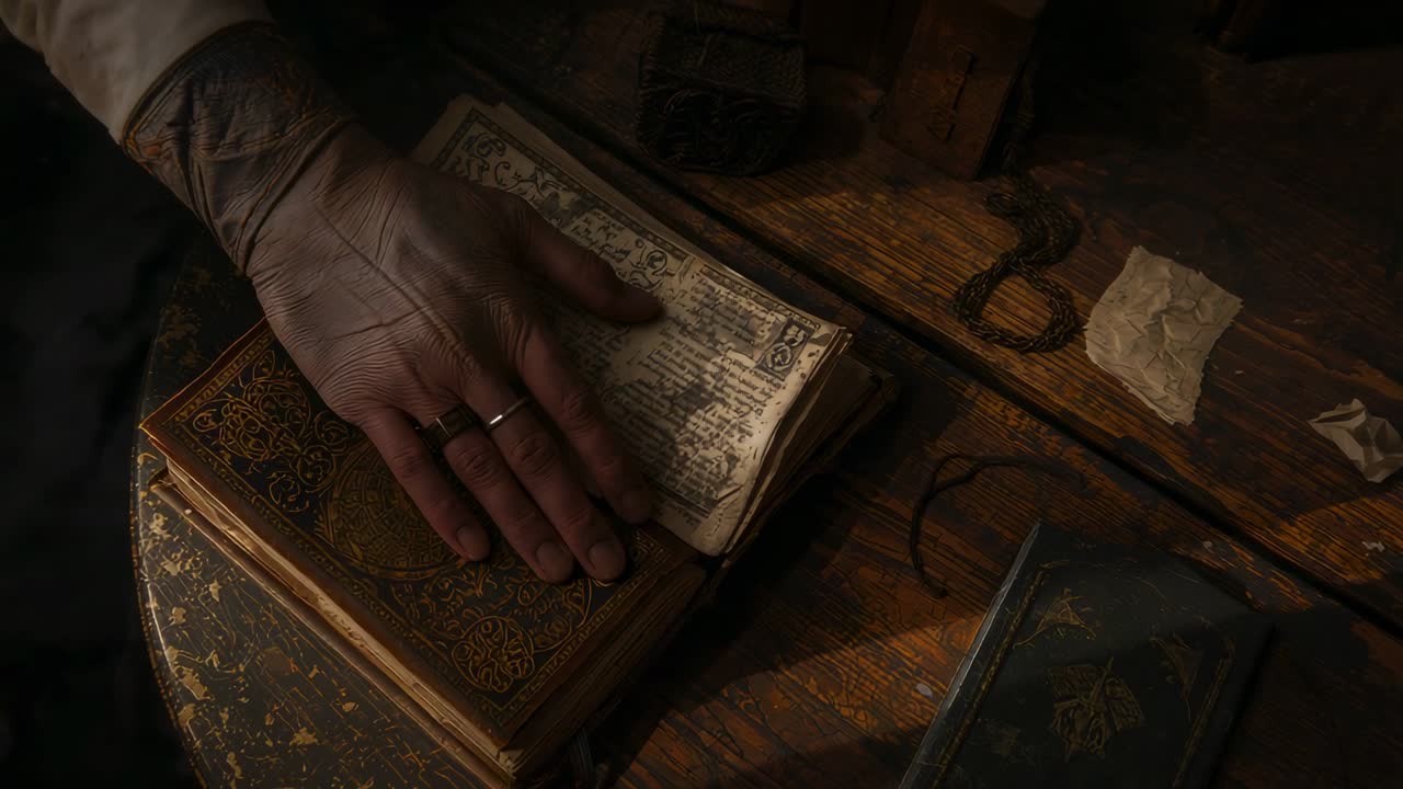 Candle flickering hand gliding over manuscript pages flipping them for reading on desk with volumes