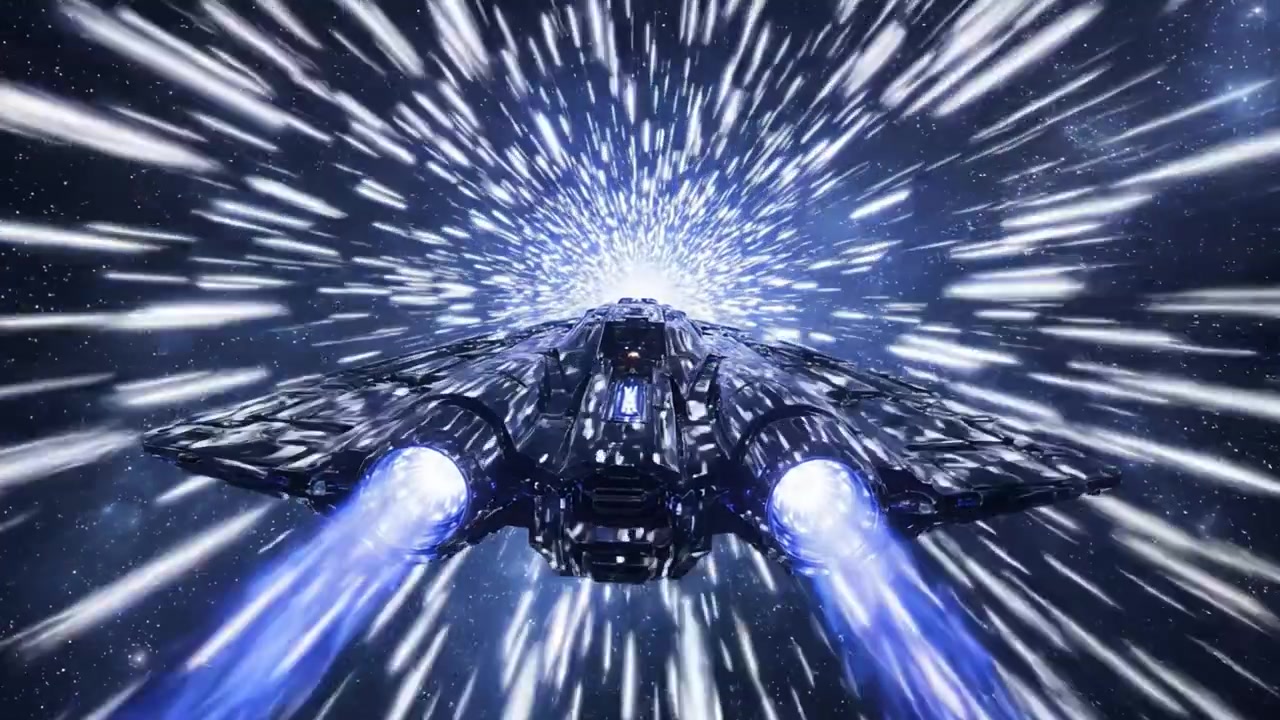 A Stellar Journey: A Futuristic Spacecraft Navigating Through a Cosmic Vortex at Incredible Speeds, Unleashing Powerful Energy Blasts in the Depths of the Universe