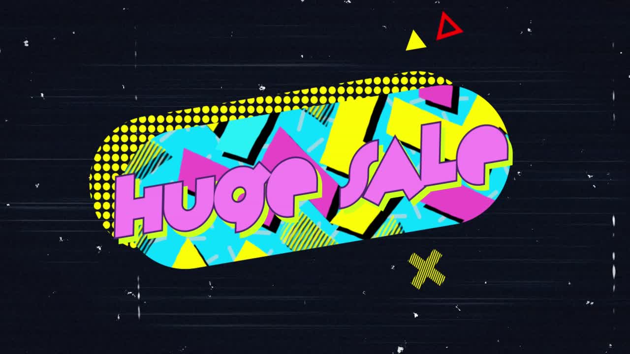 Animation of huge sale text on retro speech bubble with abstract shapes