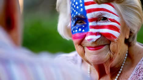 senior woman with american flag face paint