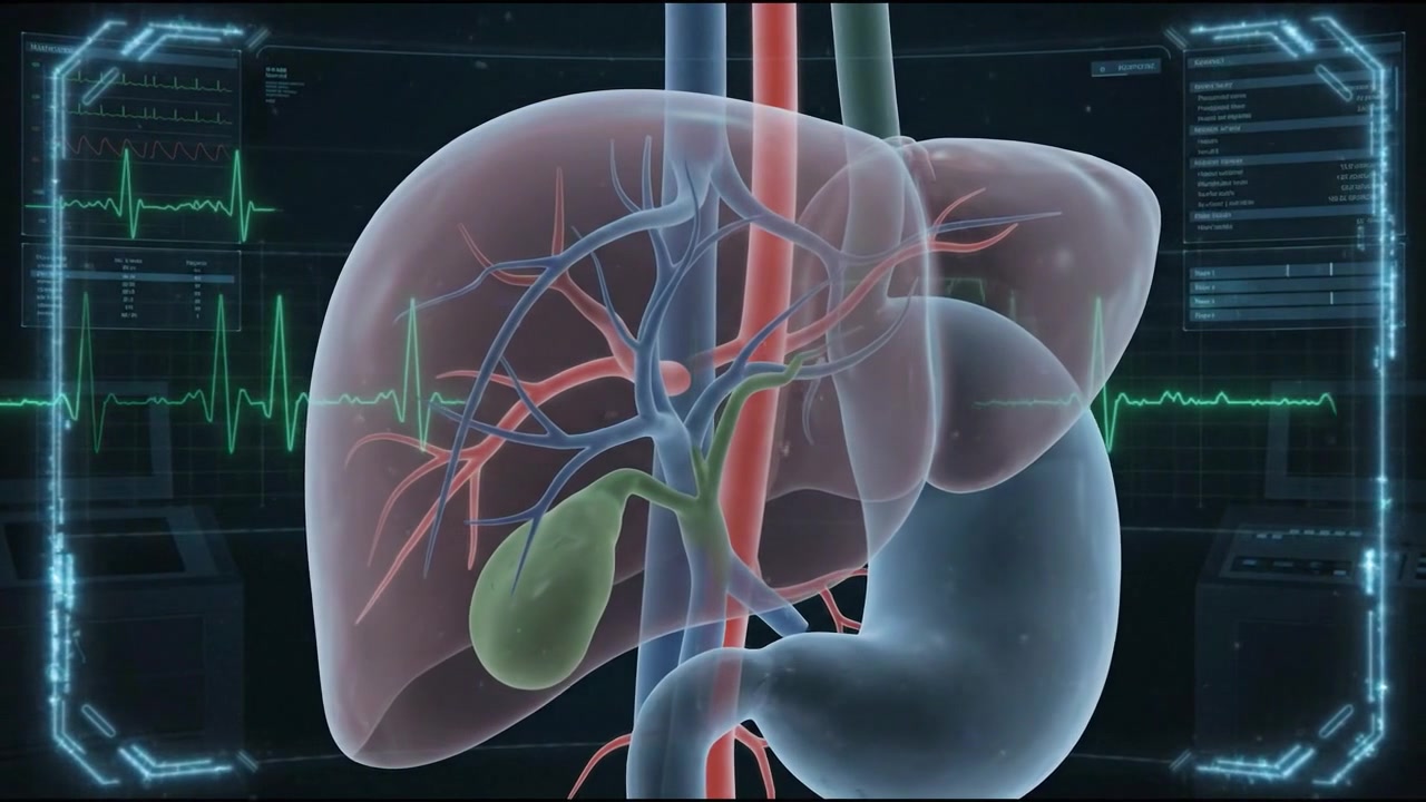 Transparent liver anatomy showing gallbladder and branching internal vessels