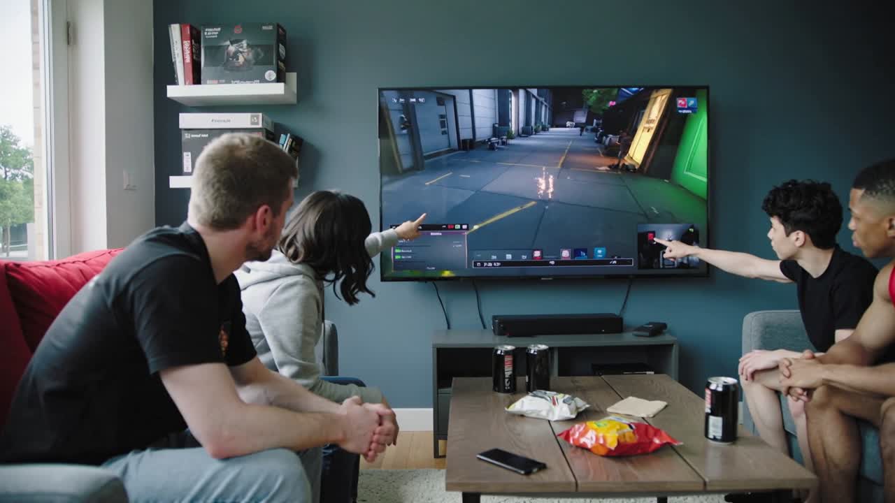 Pegende venner læner sig mod tv'et i stuen, mens en karakter på skærmen dukker op ved døråbningen, kvinde med hætte