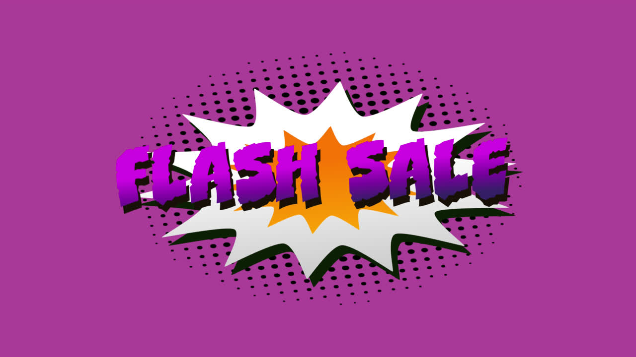 venta flash, wow y pow texto en burbuja de habla contra fondo púrpura