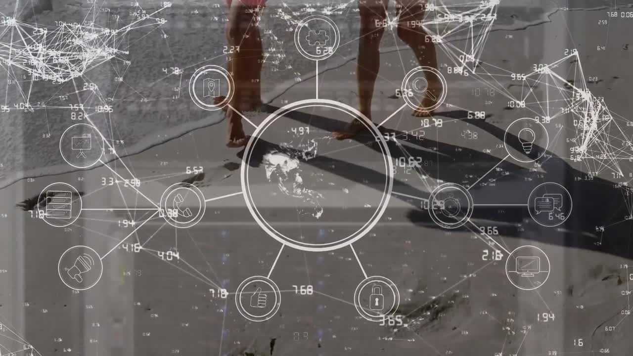 아이콘과 숫자가 있는 지구형, 점들을 연결하는 숫자, 해변에서 는 백인 부부와 함께 애니메이션