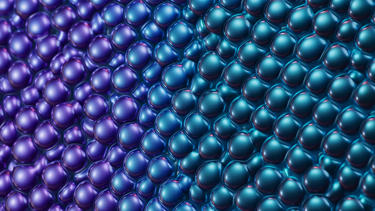 Metallic Iridescent Sphere Texture In Blue And Purple Tones, Closeup Honeycomb Arrangement Of Glossy Beads