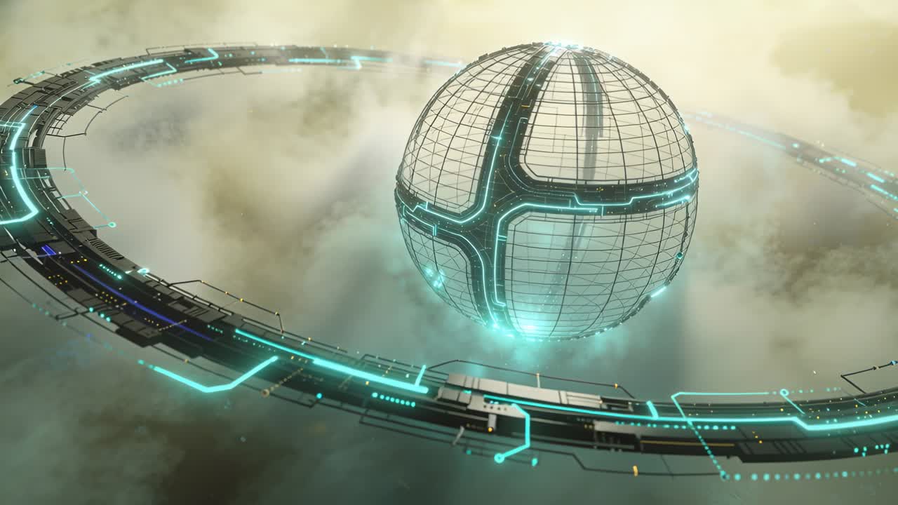 Geodesic sphere pulsing seams, ring tracing cyan circuits, aerospace drone approaching inspection