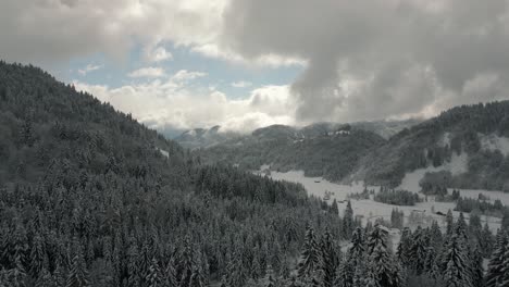 Berggipfel-In-Wolken-In-Verschneiter-Landschaft-Mit-Bäumen-Und-Schnee