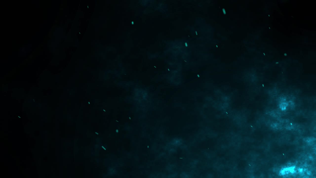 3D animation motion graphics fiery sparks firework hot embers glowing flying ember burning particles on black background seamless loop visual effect 4K teal blue