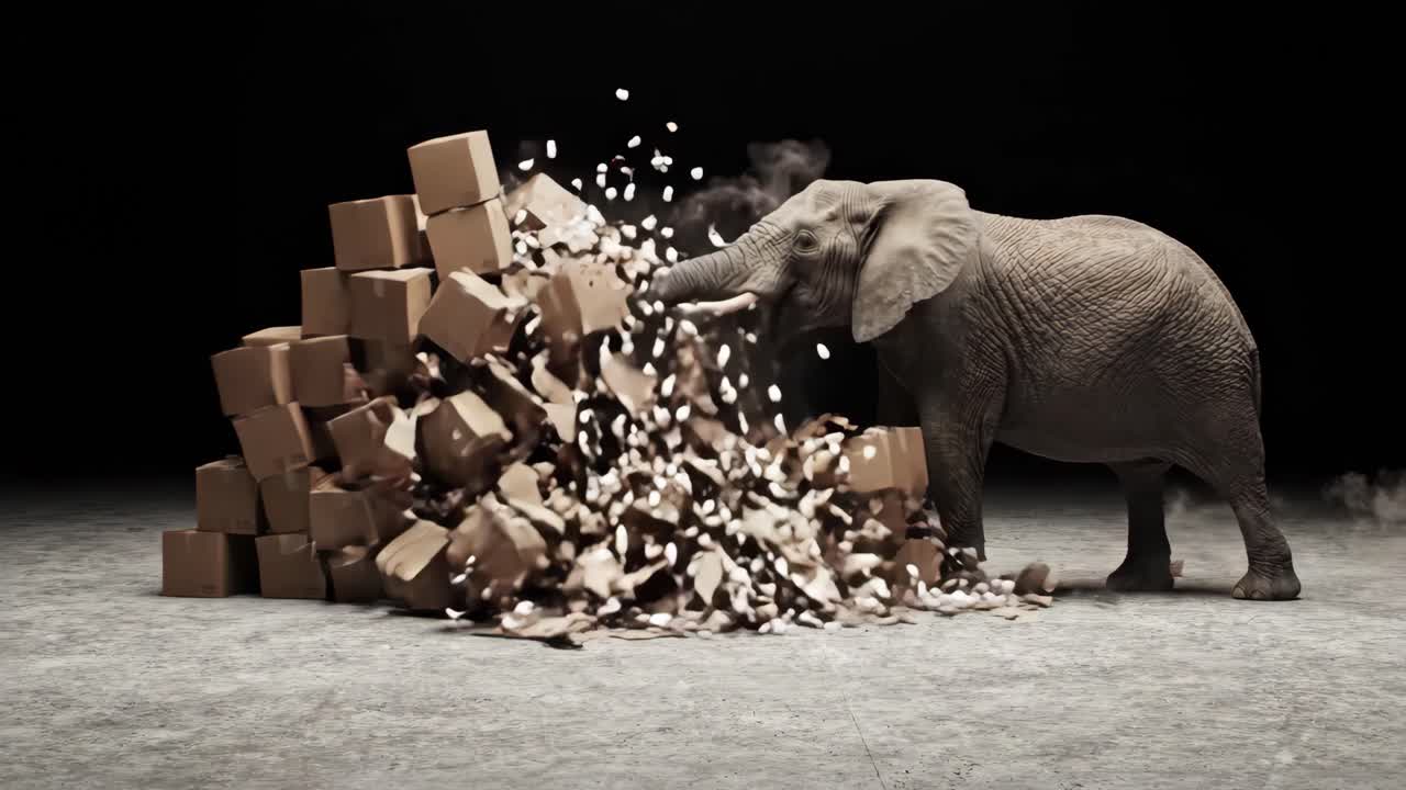Potente elefante distrugge una pila di scatole di cartone