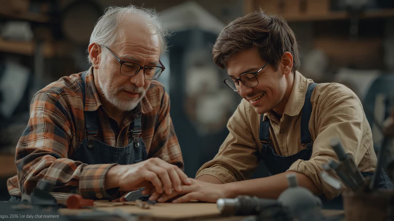 Demonstrating senior placing hands on workpiece at workshop bench, teaching apprentice in aprons