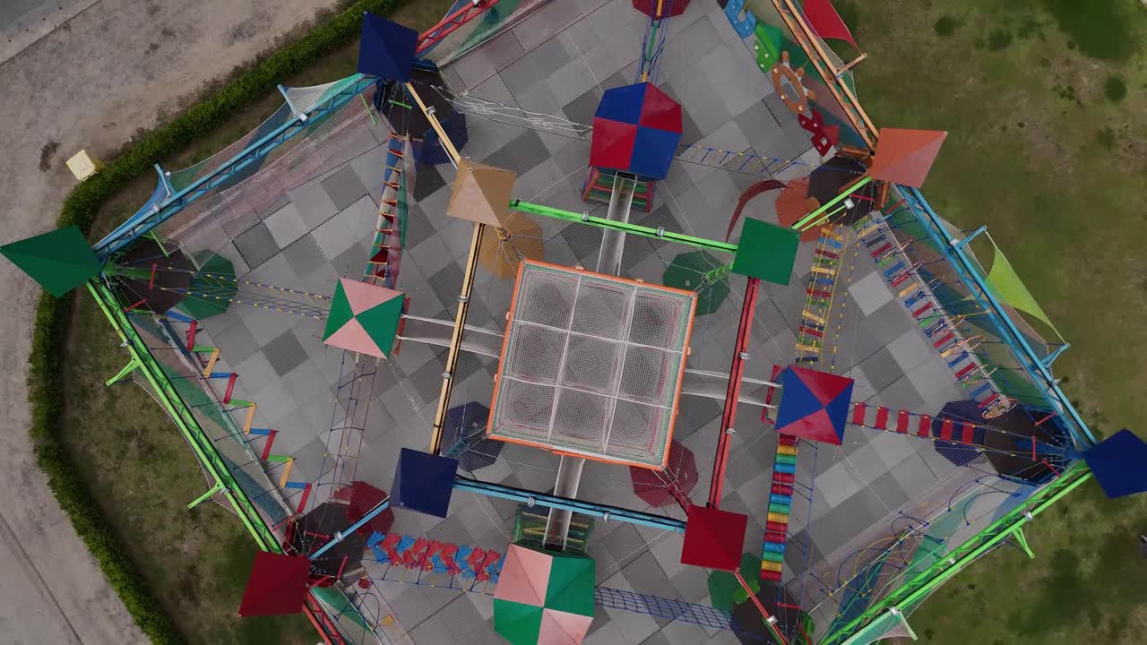 Overhead view of a colorful playground net