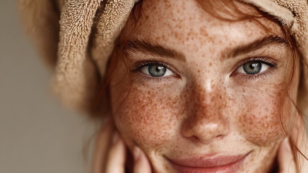 Captivating Close-Up of a Young Woman with Freckles and a Towel Wrapped Around Her Hair, Showcasing Radiant Skin and Expressive Eyes in a Natural Setting